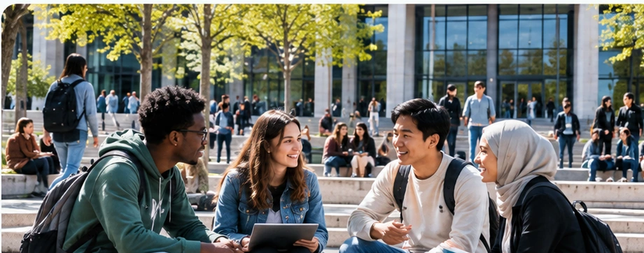 Étudiants de différentes origines échangeant sur le parvis d’une université